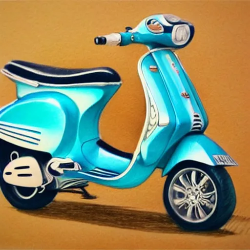 Prompt: hyper realistic pencil drawing of a turquoise vespa moped, water color, detailed, rim light, diffused, intricate, by anna dittmann,