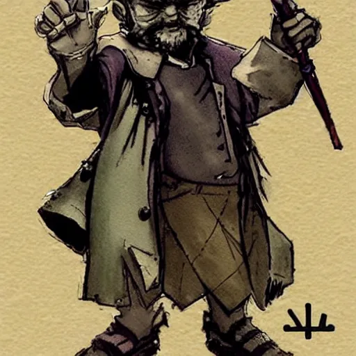 Image similar to Gnome Alchemist dressed like a mobster, drawn by Yoji Shinkawa, water color, Dungeons and Dragons, Wizards of the Coast