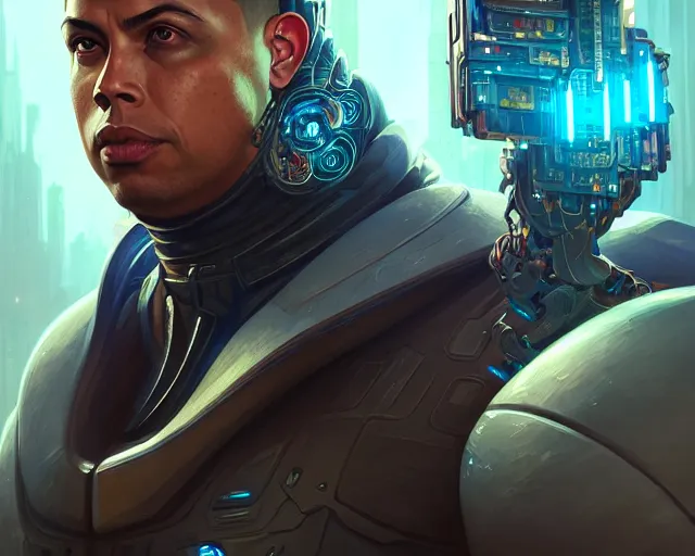 Image similar to ronaldo nazario with cyberpunk implants, deep focus, d & d, fantasy, intricate, elegant, highly detailed, digital painting, artstation, concept art, matte, sharp focus, illustration, hearthstone, art by artgerm and greg rutkowski and alphonse mucha