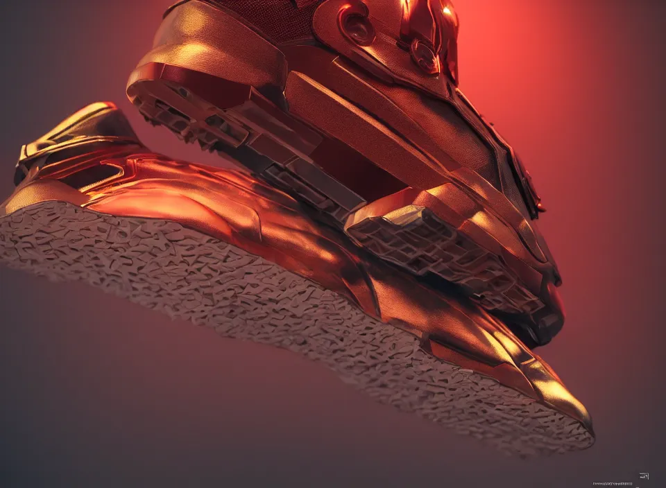 Image similar to realistic 3 d render of a cyberpunk android sneaker, beautiful studio lighting, soft, sharp focus, neon cyberpunk highlights, intricate detail, gold and red accents, soft rubber, octane render, side view, close up, trending on artstation, deviantart, jakub rebelka