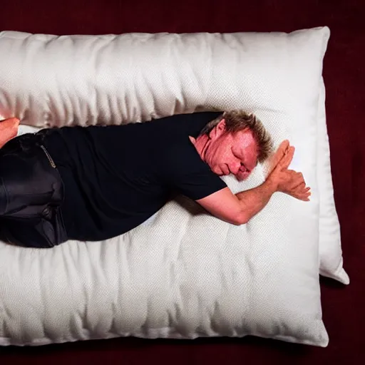 Prompt: Gordon Ramsey sleeping on a pillow made of raw salmon, photo, 4k, high quality, award winning