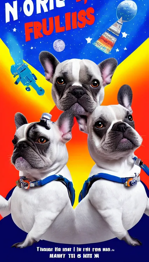 Image similar to movie poster of french bulldogs as astronauts, highly detailed, hyper realistic, large text, bright colours