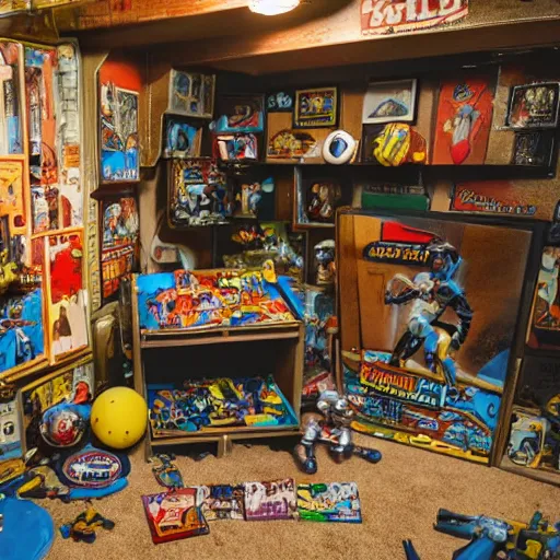 Prompt: Mancave full of 80s toys games and wall posters Stuffy atmosphere, shadows, vintage, highly detailed, abandoned,