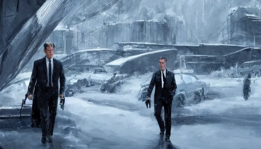 Prompt: concept art of the next james bond film featuring an older pierce brosnan in the style of cedric peyravernay, snowy landscapes, extremely detailed