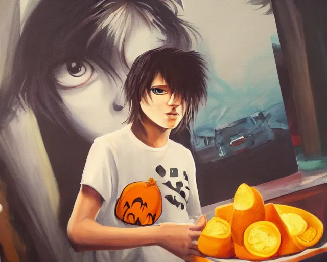 Prompt: a painting of an emo teenager wearing a shirt with a cantaloupe on it, at a super cool house party, unreal engine, atmospheric, hip, cool, college party