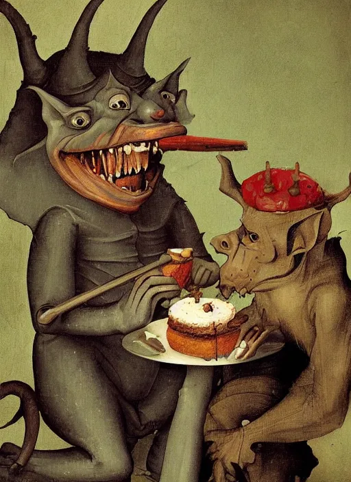 Image similar to medieval goblin eating cakes painted by hieronymus bosch, detailed digital art, trending on Artstation