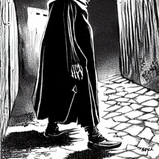 Prompt: Lestat with a cloak walking alone through a dark alleyway under a street lamp towards a dark tower