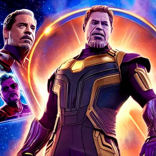 Image similar to robert downey jr. with thanos in avengers endgame