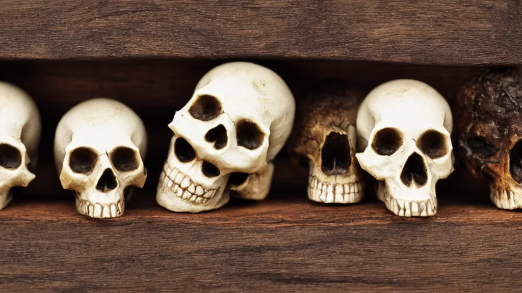 Prompt: Three skulls with vampire fangs sitting on a wooden shelf