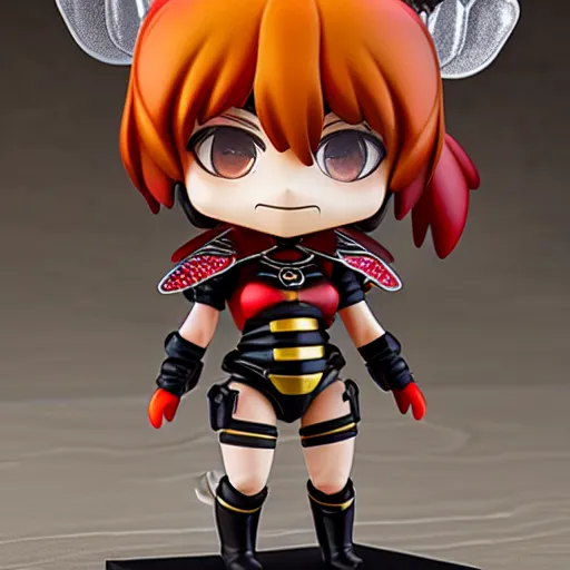 Prompt: photograph of cute bee nendoroid with themed black armor with crimson metal wings, portrait, hyperdetailed, artstation, cgsociety, 8 k, by tangerine dream