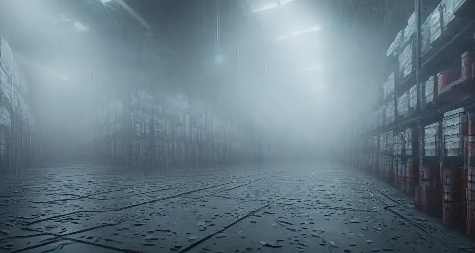 Image similar to illustration of rows of limp human bodies on display in a cold warehouse, refrigerated storage facility, rolling fog, greg rutkowski, cyberpunk, dystopian, dramatic lighting, unreal engine 5, colorful