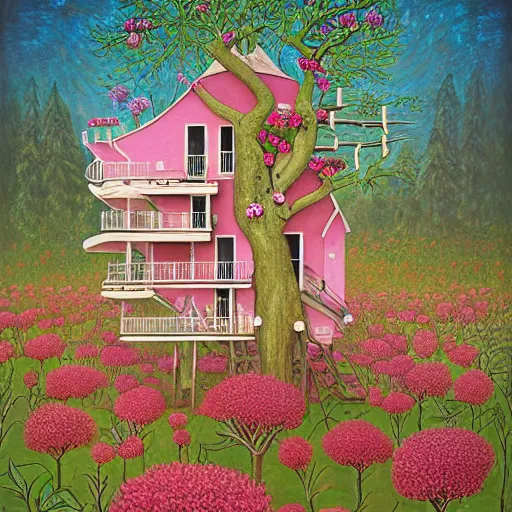 Prompt: a surreal painting of a tree house surrounded by pink flowers, a surrealist painting by jeffrey smith, trending on cgsociety, psychedelic art, psychedelic, surrealist, biomorphic