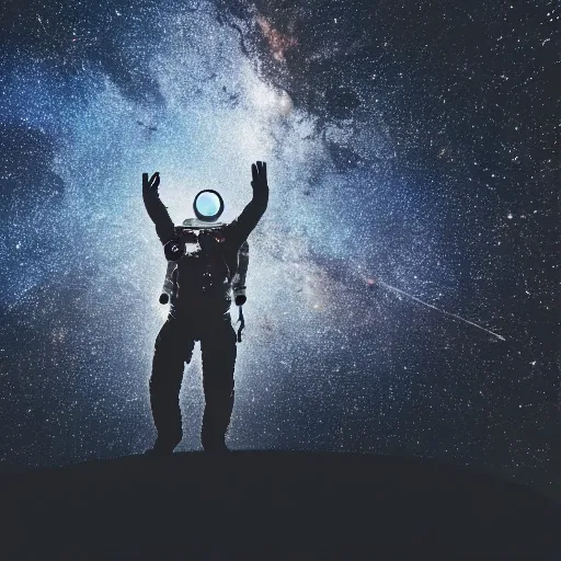 Image similar to astronaut silhouette with arms extended forward, bottom of arms lit by light coming from off camera, light coming from below, starry sky background, lit from below, full body photo,, 8 k