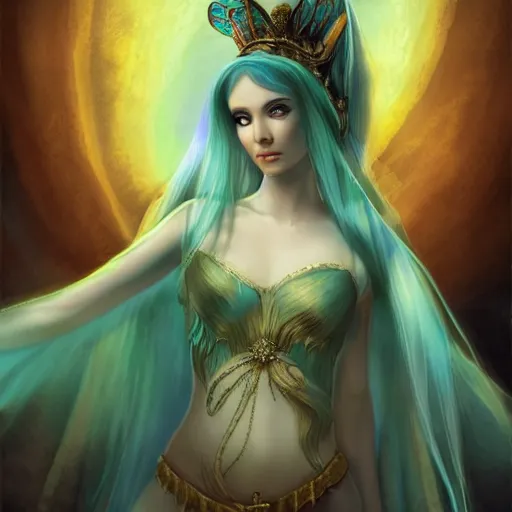 Image similar to detailed portrait of a fairy queen with wings wearing a magic silk robe, pixie, iris, realism, emerald, galaxy, sapphire,blonde hair going down to the floor, moonlit, wearing a bejeweled mask, dark fantasy, dramatic lighting, cgsociety, artstation