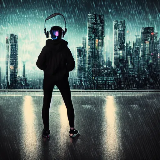 Image similar to dark future cyberpunk steampunk city woman wearing headphones short hair funky haircut wearing a hoodie with a rainy city in the background cloudy sky