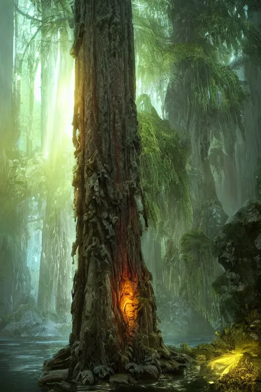 Prompt: In some of the column carved with Norse gods there is a huge glowing redwood, light filtering through the gaps in the leaves, Sparkling in the flowing creek, Tyndall effect, hone finished, concept art, fantasy, unreal engine, octane render, cinematic shot, 8K, hyper detailed, crepuscular ray, low angle, superwide shot, lunapunk