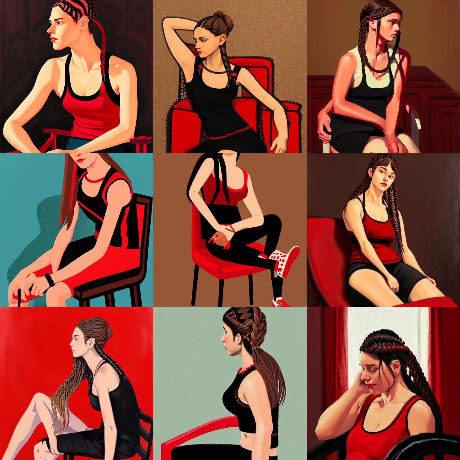 Prompt: woman with braided brown hair, wearing a tanktop and sitting on a chair, highly detailed, painting, red and black color palette, intricate, in the style of ilya kuvshinov