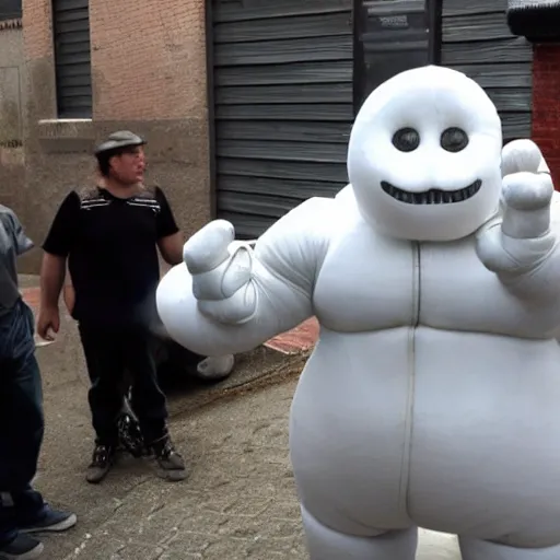 Prompt: the michelin man attempting to sell you illegal narcotics out of his van in a backalley