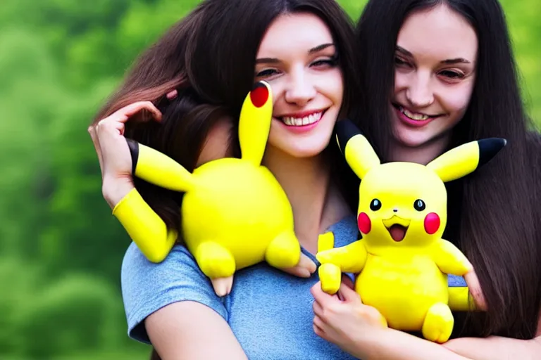 Image similar to a young skinny woman with long dark hair hugging a pikachu