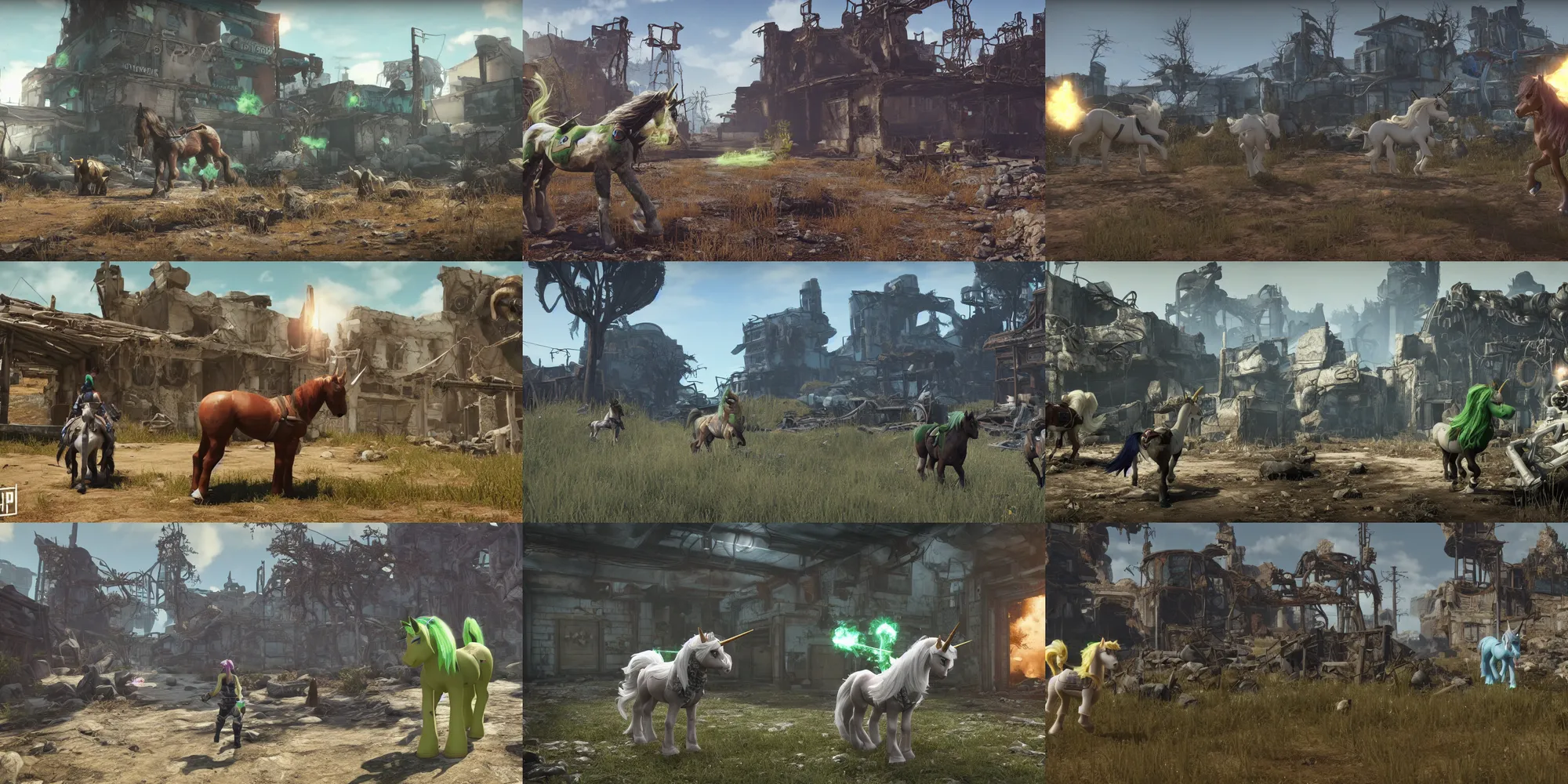 Prompt: ps 4 fps gameplay screenshot | fallout : equestria | quadrupedal, unreal engine 5, 8 k, my little pony : friendship is magic, fallout, crossover | white unicorn pony with brown shaggy mane with glowing green magic around her horn exploring library ruins