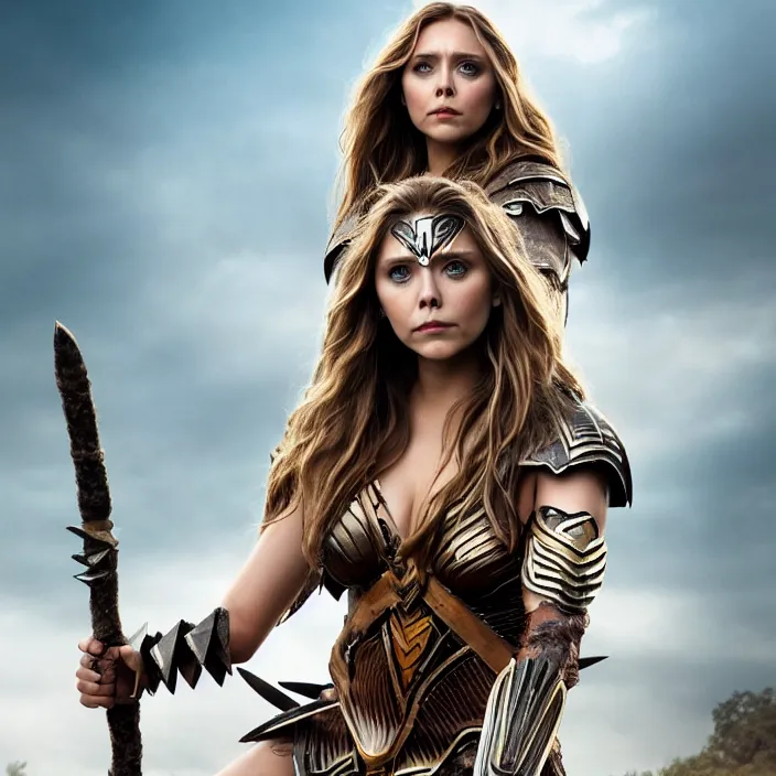 Image similar to professional full length photograph of elizabeth olsen as an amazon warrior. Extremely detailed. 8k