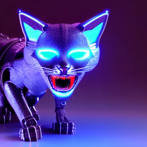 Image similar to cybertronic devil cat , 3d render , LEDs , octane render , 4k , rim lighting