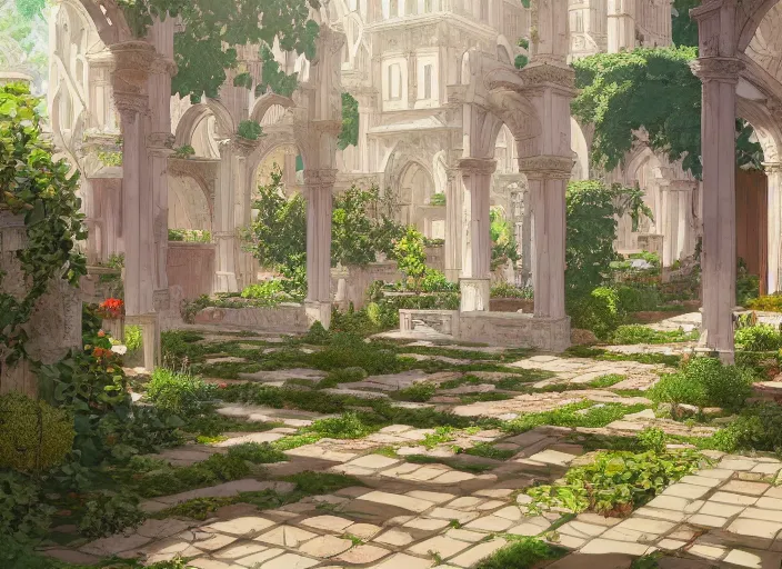 Image similar to environmental illustration of a cloister garden in a late renaissance city | | anime key visual, official media, illustrated by wlop, extremely detailed, 8 k, trending on pixiv, cinematic lighting, beautiful