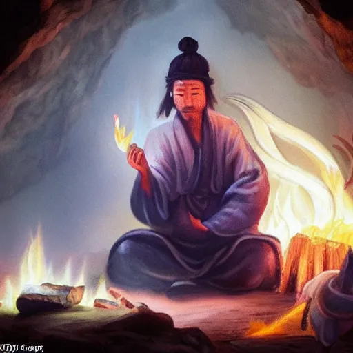 Prompt: A Taoist sitting by a fire in a cave conjuring a smoke dragon, soft colours with a dramatic lighting,