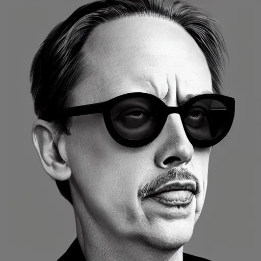 Image similar to 8 5 mm f 1. 8 photograph of steve buscemi wearing shutter shades, highly detailed, digital painting, artstation, smooth, sharp foccus, commercial photography, fashion shoot