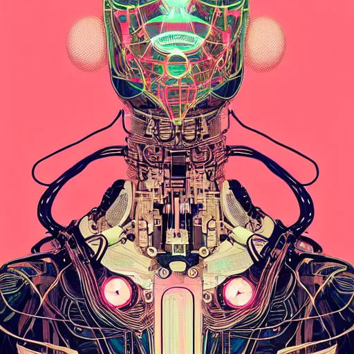 Prompt: a cybernetic mannequin by victo ngai and jakub rebelka and conrad roset and takashi murakami, trending on artstation