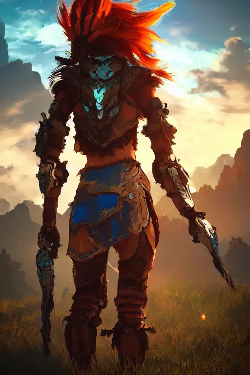 Image similar to combination suit armor aloy horizon forbidden west horizon zero dawn radiating a glowing aura global illumination ray tracing hdr fanart arstation by ian pesty and alena aenami artworks in 4 k tribal robot ninja mask helmet backpack