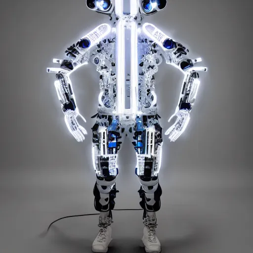 Prompt: Professional studio portrait lighting. Technological fashion photography. Mechanical cybernetic suit designed by Ikeuchi Hiroto. Wearable design. Hydraulics. Reflective domes. Intricate tech. Formfitting. Bulky wearables. Receiver Antennae.