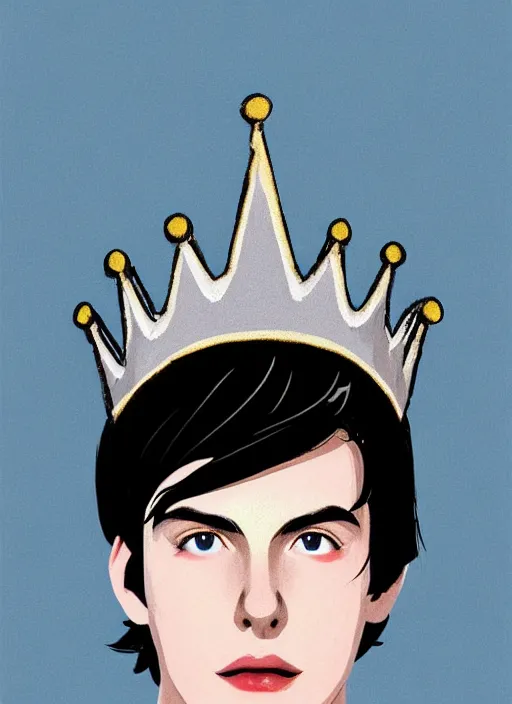 Image similar to portrait of teenage jughead jones wearing a light grey crown, crown, blue turtleneck, 1 9 5 0 s, closed eyes, photorealistic, black hair, glowing lighting, intricate, elegant, glowing lights, highly detailed, digital painting, artstation, concept art, smooth, sharp focus, illustration, art by wlop, mars ravelo and greg rutkowski