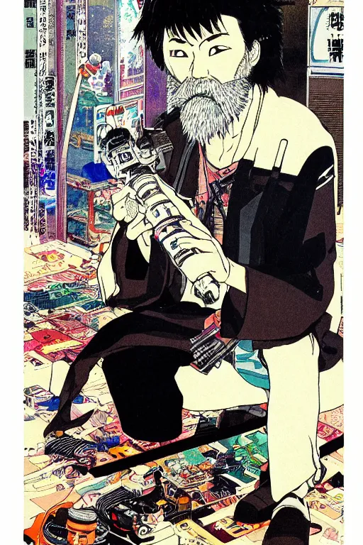 Image similar to awe-inspiring 1980s Japanese cyberpunk style illustration of a grandfather with a beard sitting on the floor by Masamune Shiro and Katsuhiro Otomo, studio ghibli color scheme, dark, complex