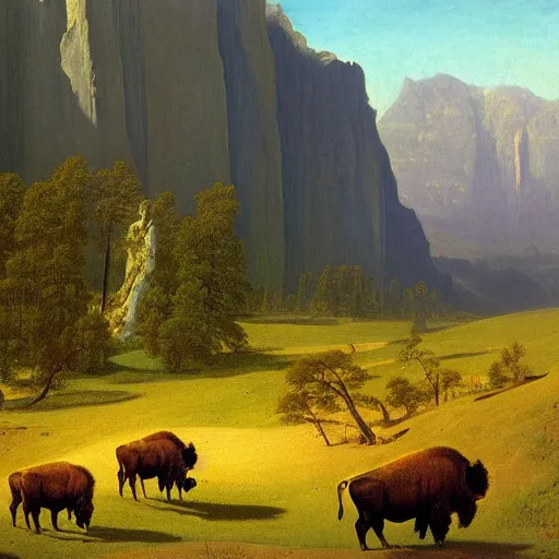 Image similar to enormous bison in a valley, painting by albert bierstadt, highly detailed