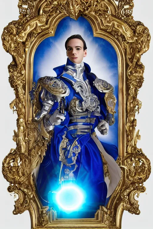 Image similar to full-body sculpture of a young handsome Spanish prince as a half android with a glowing blue battery in his chest, white laser beam coming out of his eyes, crown of giant diamonds, flowing neon-colored silk, fabric, raptors, in a cyperbunk and baroque style. baroque elements. full-length view. baroque element. intricate artwork by caravaggio mechanical roses. Trending on artstation, octane render, cinematic lighting from the right, hyper realism, octane render, 8k, depth of field, 3D