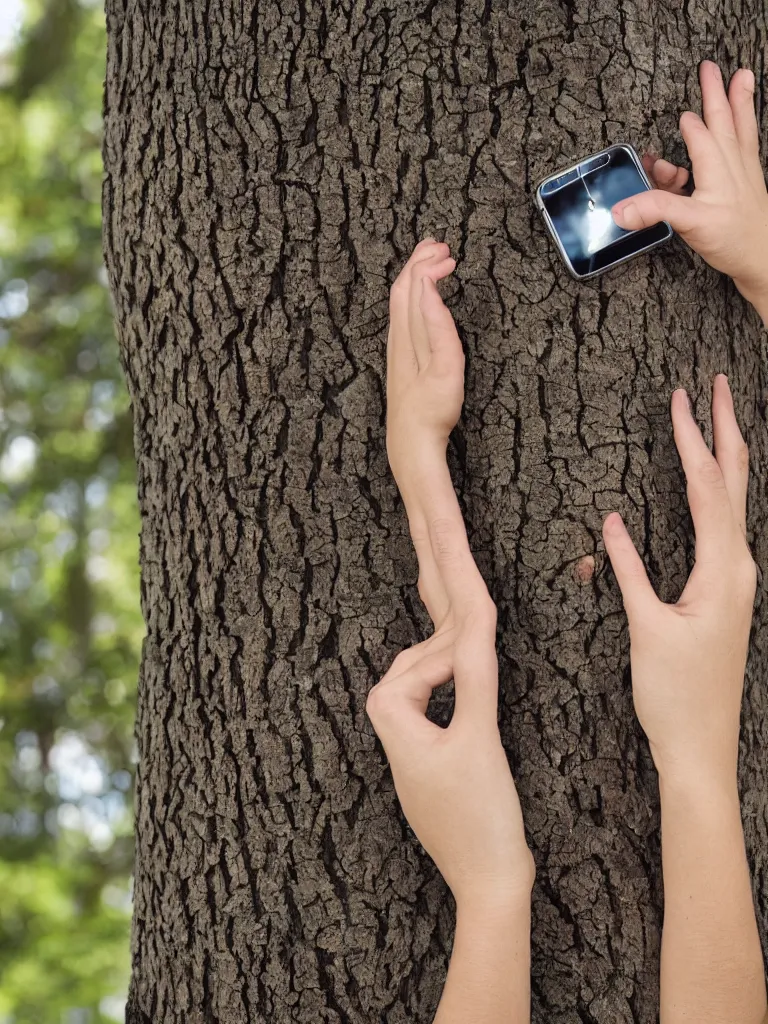 Prompt: condemed tatalus alone reaching for mobile phone growing from tree, wood cut