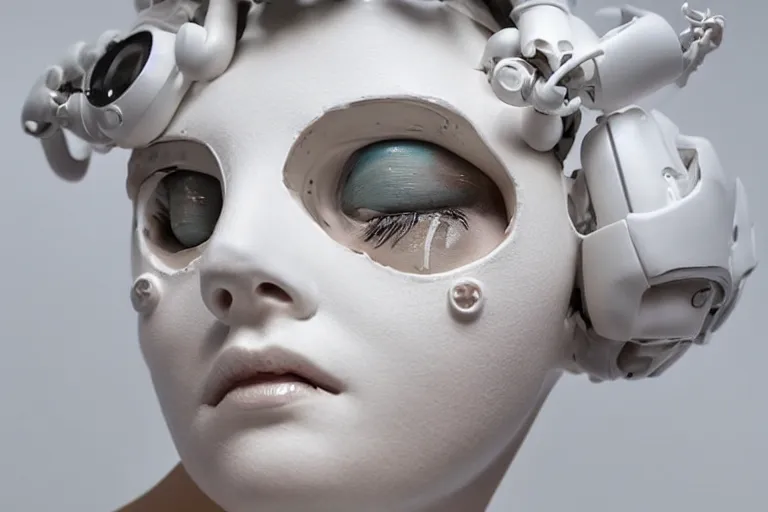 Prompt: full head and shoulders, beautiful female porcelain sculpture with lots of 3 d cyborg elements, prosthetics, 3 d goggles, smooth, all white features on a white background, delicate facial features, white eyes, white lashes, detailed white, anatomical, by daniel arsham and james jean