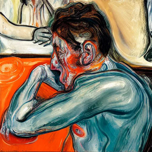 Image similar to high quality high detail expressionist painting of a man in agony by lucian freud and jenny saville edvard munch and francis bacon, hd, anxiety, seated at table crying and screaming, turquoise and orange