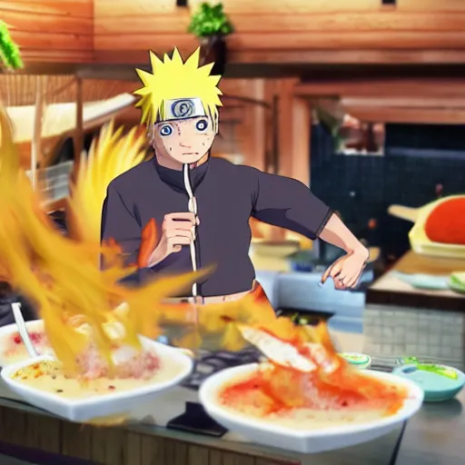 Image similar to photorealistic photograph of Naruto on a cooking show, realism, 4k, award-winning