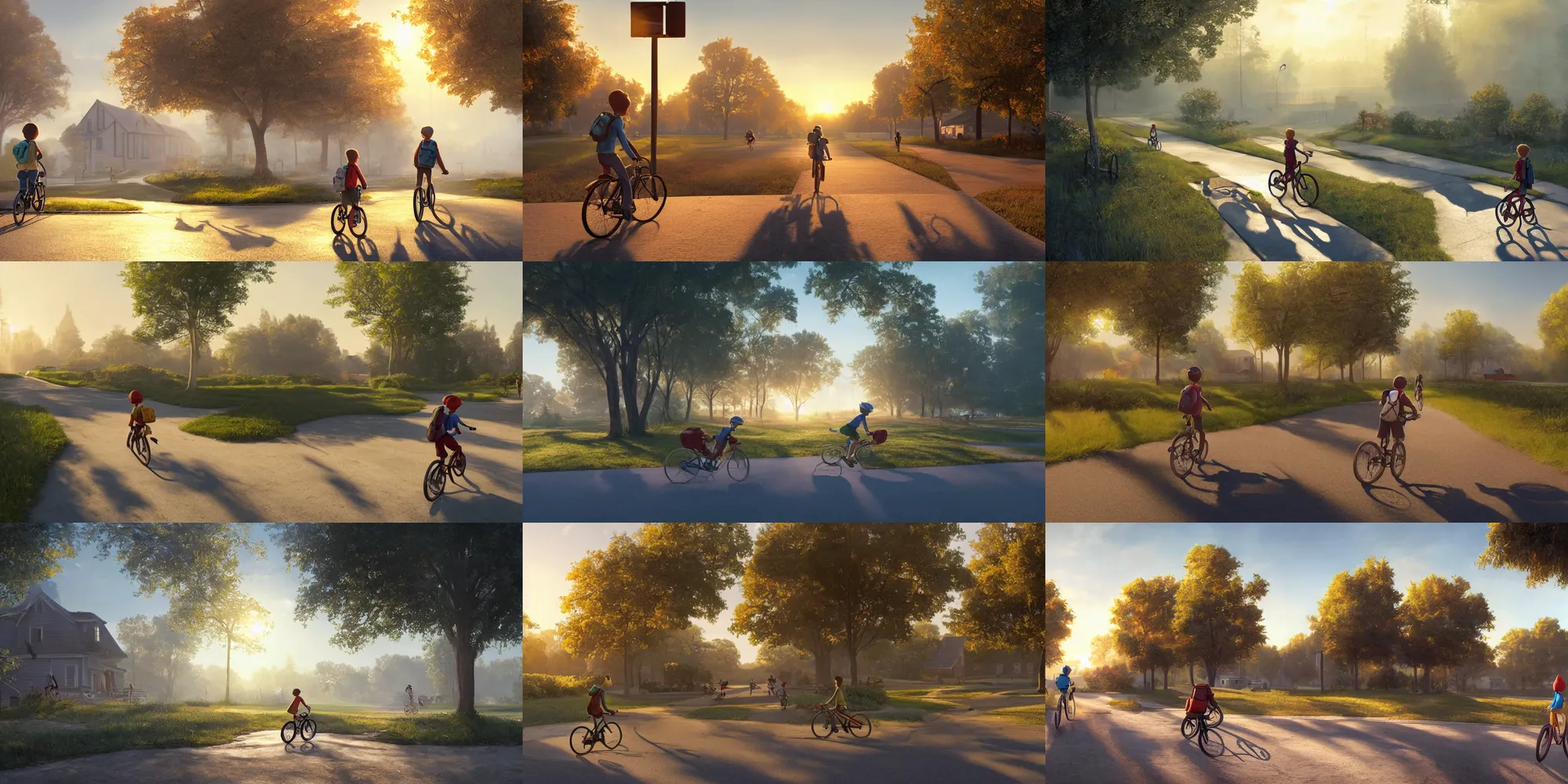 Prompt: cottagecore illustration of a student cycling to school on a peaceful morning, Pixar and Disney animation, sharp, Rendered in Unreal Engine 5, art by Greg Rutkowski, Bloom, dramatic lighting, sunrise