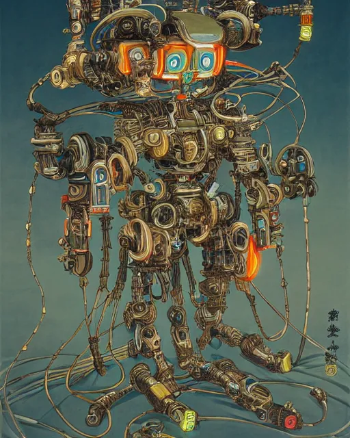 Image similar to Kuniyoshi portrait of a robot saint made of cables and robotic pod in the style of peter mohrbacher