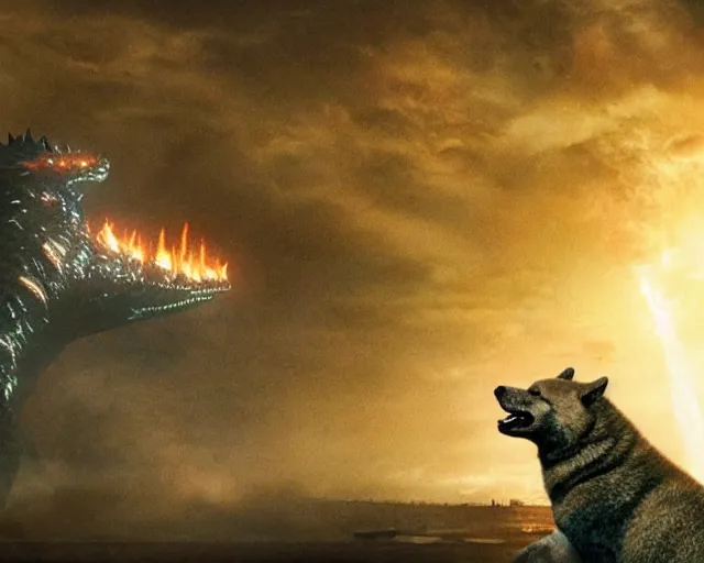 Image similar to godzilla as a shiba inu in a Godzilla: King of the Monsters still film directed by Christopher Nolan, shooting beams and toppling over cities, epic action scene