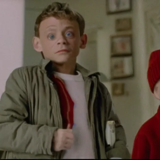 Prompt: Jean CLAUDE Van Damme starring as Kevin McAllister in Home alone, full screen shot, cinematic still