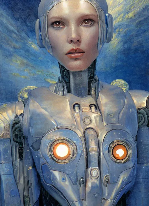 Prompt: biblical shy beautiful female mage android robot, deep gaze to the side, closeup, bright glowing veins, in clouds, sunset, portrait, by gerald brom, by mikhail vrubel, by peter elson, muted colors, extreme detail, reflections, trending on artstation, 8 k