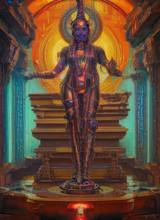 Prompt: cybertronic shiva statue in a hindu temple, futuristic, neal ashermiles johnston kuroda realism ozabu john william godward, painterly, yoshitak, sci - fi, cyberpunk, artstation, conceptual, hyperdetailed, donato giancola, james gurney, neon lights, mood lighting, rust