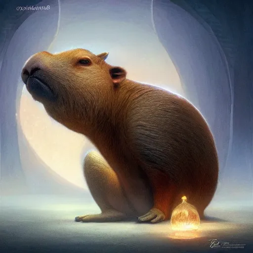 Image similar to capybara surrounded by sacred geometry made from elven architecture, gorgeous, powerful, cinematic, beautifully lit, by artgerm, by karol bak, 3 d, trending on artstation, octane render