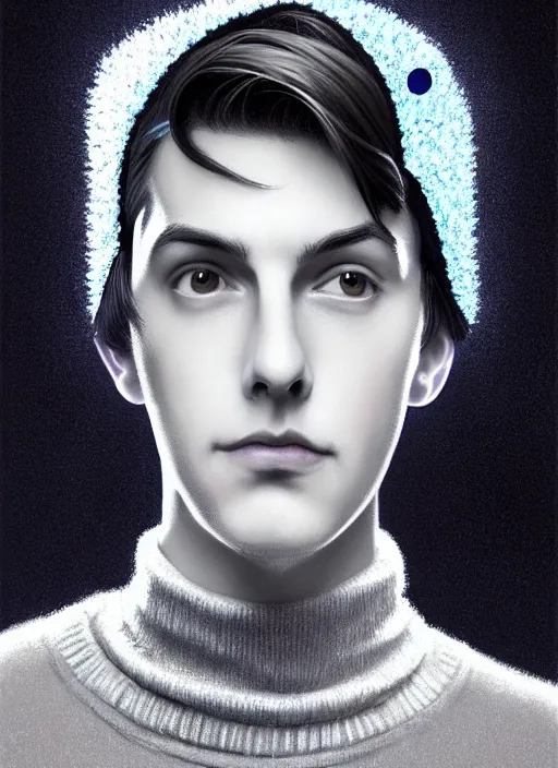 Image similar to portrait of teenage jughead jones wearing a light grey crown, crown, blue turtleneck, 1 9 5 0 s, closed eyes, photorealistic, black hair, glowing lighting, intricate, elegant, glowing lights, highly detailed, digital painting, artstation, concept art, smooth, sharp focus, illustration, art by wlop, mars ravelo and greg rutkowski