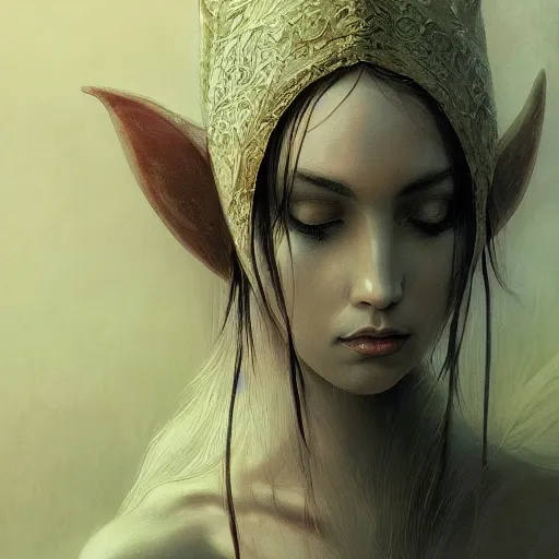 Prompt: A beautiful and mysterious elf maiden, digital painting, close up, details, sharp focus, elegant, highly detailed, illustration, intricate, Trends on artstation, pixiv, and digital art, by Beksinski