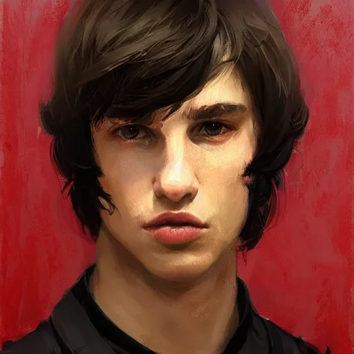 Image similar to Portrait of a man by Greg Rutkowski, he is about 20 years old, gallant, straight jaw, attractive, short brown hair with bangs, athletic and strong, he is wearing red and black utilitarian jumpsuit, highly detailed portrait, digital painting, artstation, concept art, smooth, sharp foccus ilustration, Artstation HQ.